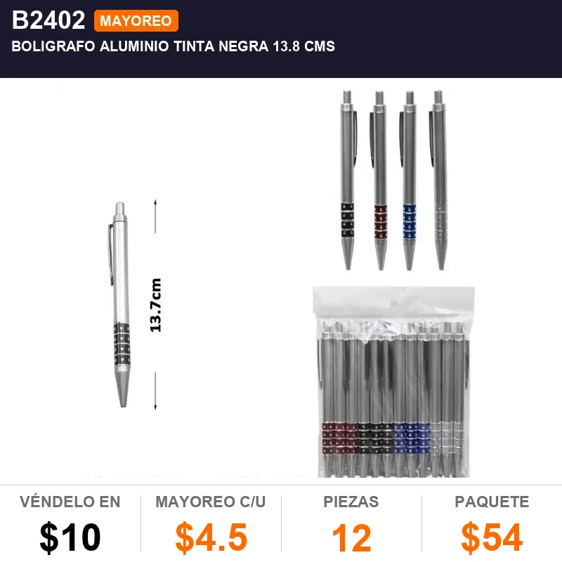Boligrafo aluminio tinta negra 13.8 cms - Pack x12