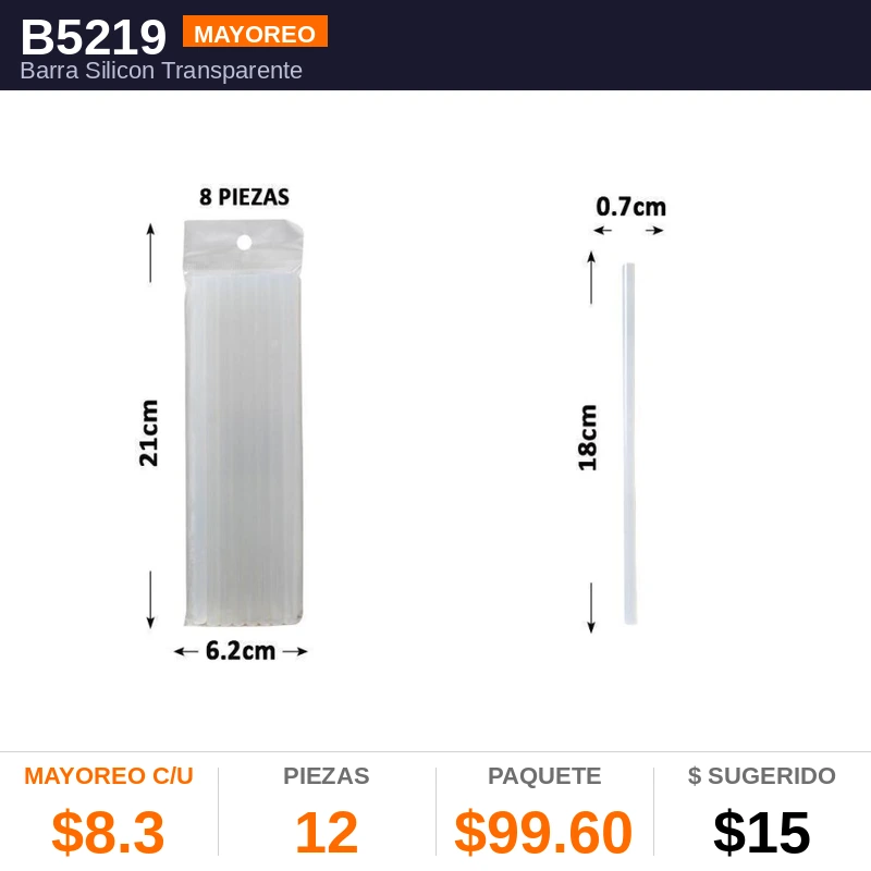 Barra Silicon Transparente 18X0.7Cms 8 pzas - Pack x12