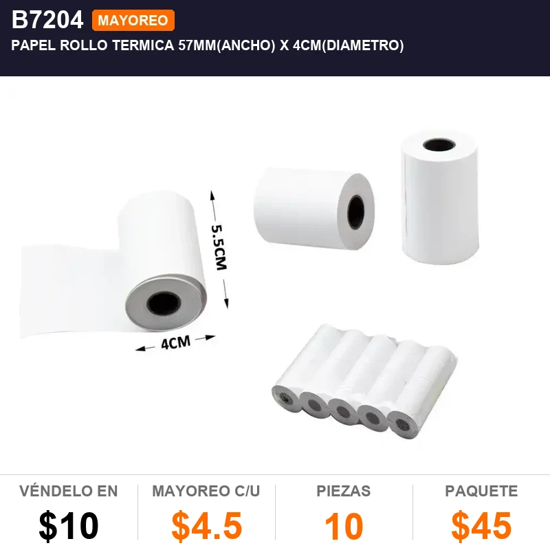 PAPEL ROLLO TERMICA 57mm(ancho) X 4CM(diametro) - Pack x10