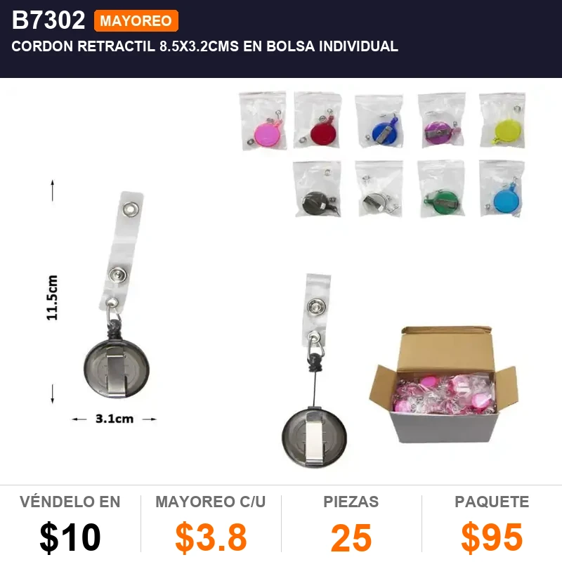 Cordon retractil 8.5x3.2cms en bolsa individual - Pack x25