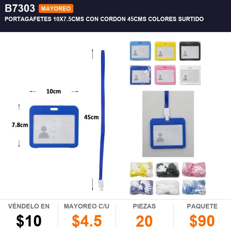 Portagafetes 10x7.5cms con cordon 45cms colores surtido - Pack x20