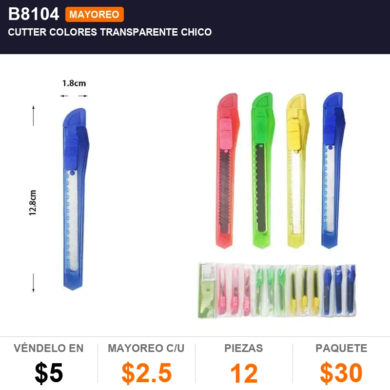 Cutter colores transparente chico - Pack x12