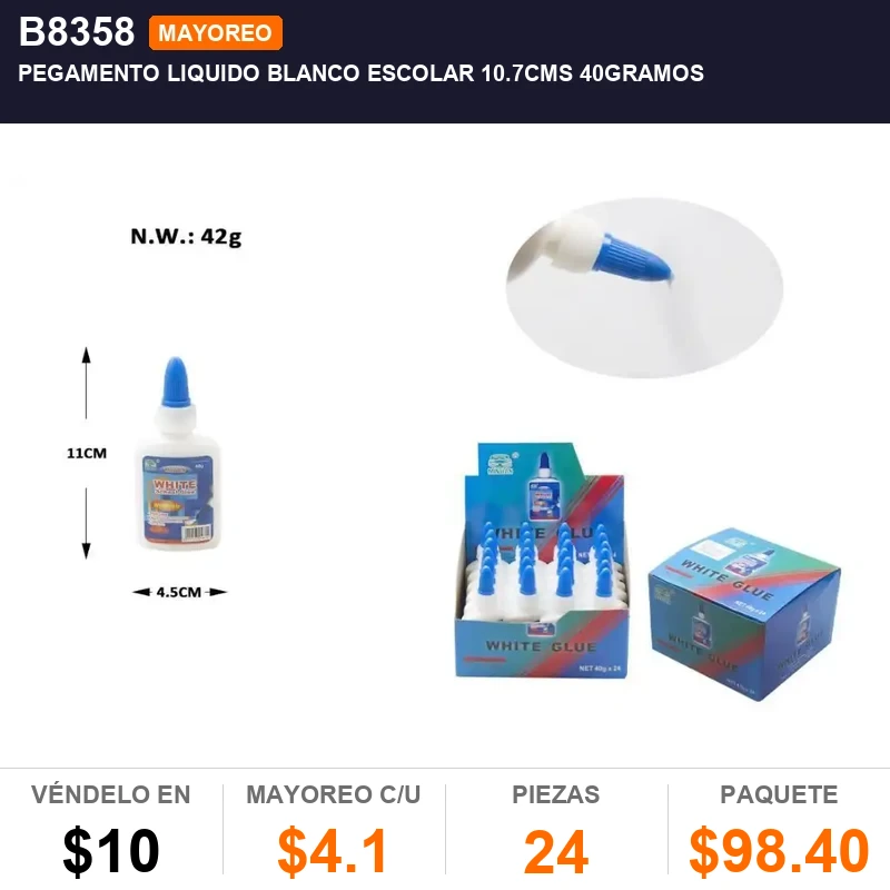 Pegamento liquido blanco escolar 10.7CMS 40gramos - Pack x24