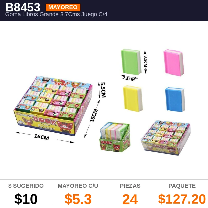 Goma Libros Grande 3.7Cms Juego C/4 - Pack x24