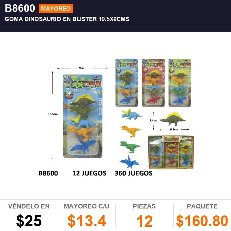 Goma Dinosaurio En Blister 19.5X9Cms - Pack x12