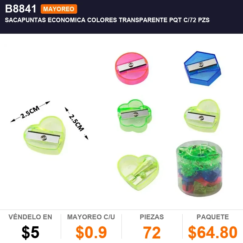 Sacapuntas economica colores transparente pqt c/72 pzs - Pack x72