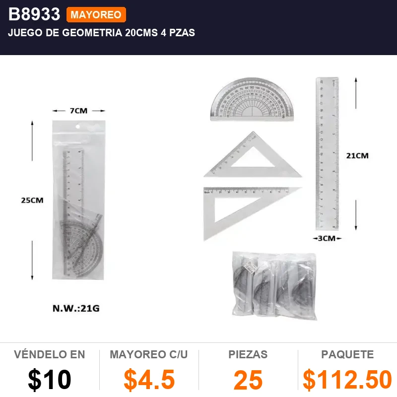 Juego de geometria 20cms 4 pzas - Pack x25