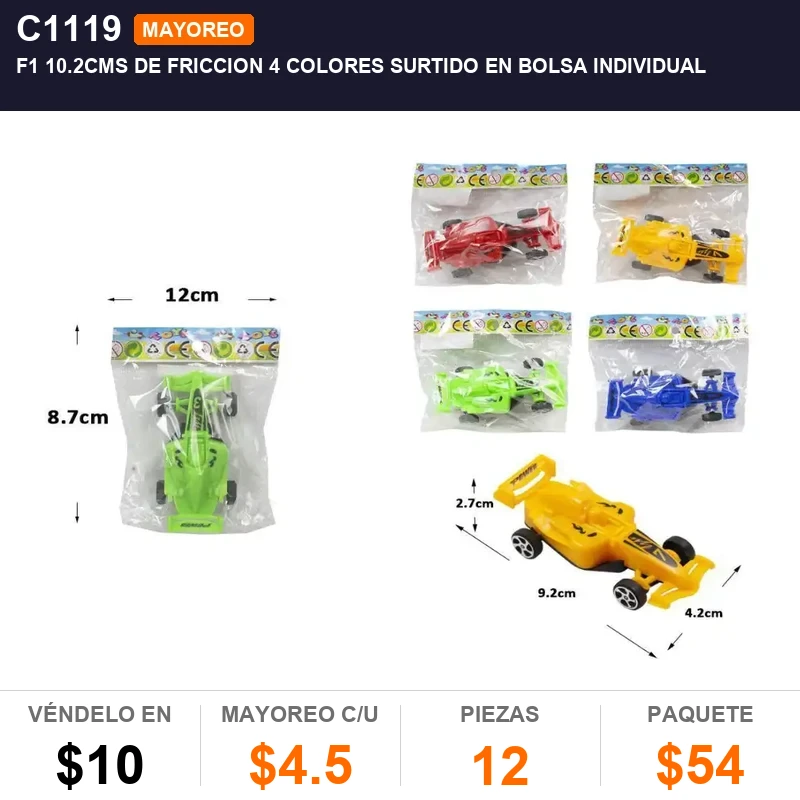 F1 10.2cms de friccion 4 colores surtido en bolsa individual - Pack x12