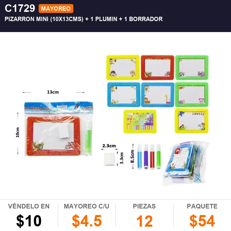 Pizarron mini (10x13cms) + 1 plumin + 1 borrador - Pack x12