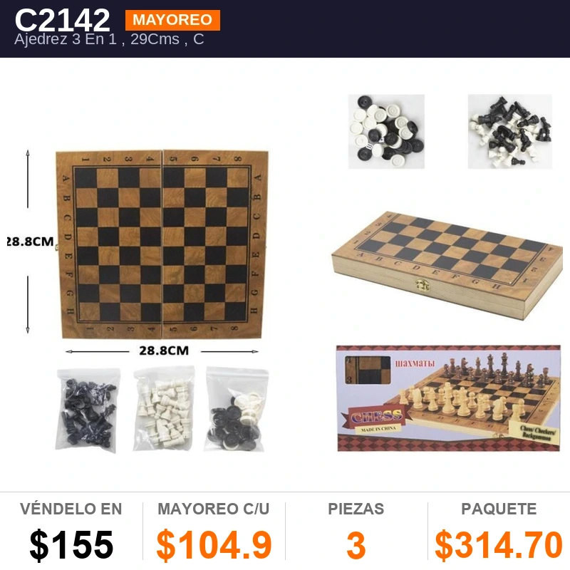 Ajedrez 3 En 1, 29Cms - Pack x3