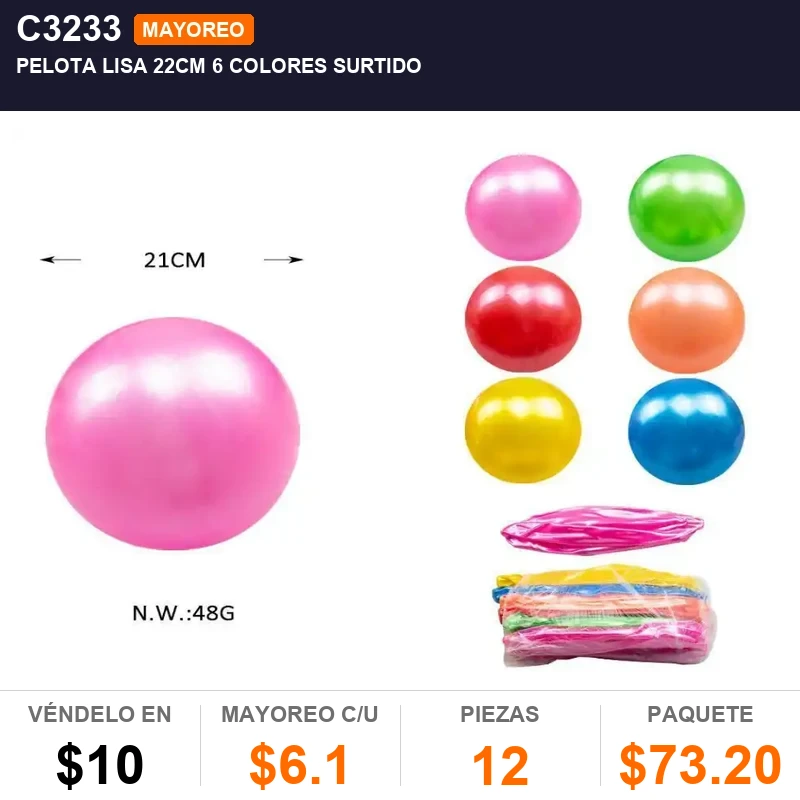 Pelota Lisa 22Cm 6 Colores Surtido - Pack x12