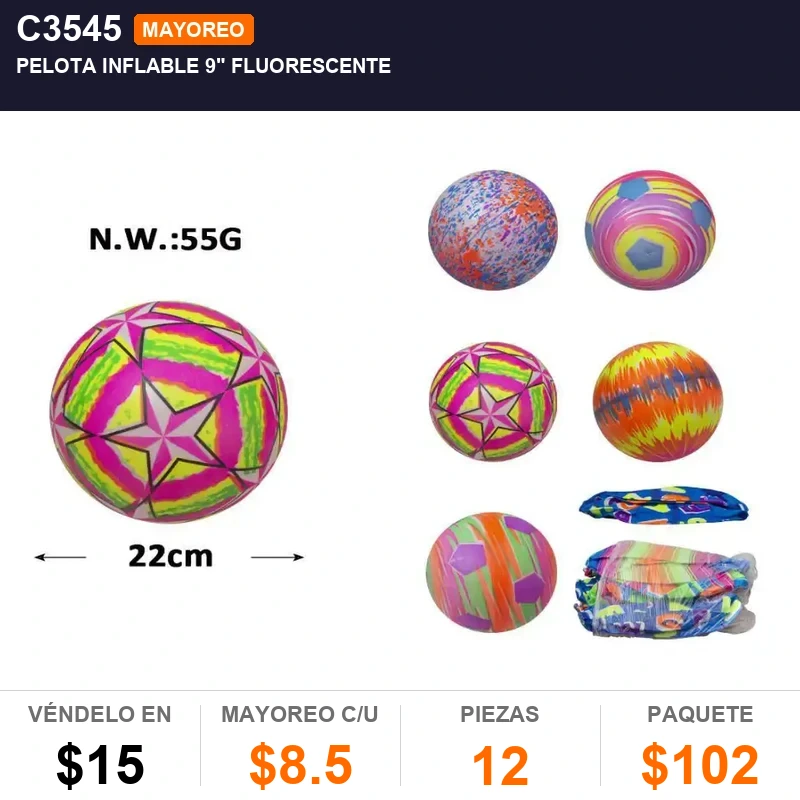 Pelota inflable 9" fluorescente - Pack x12