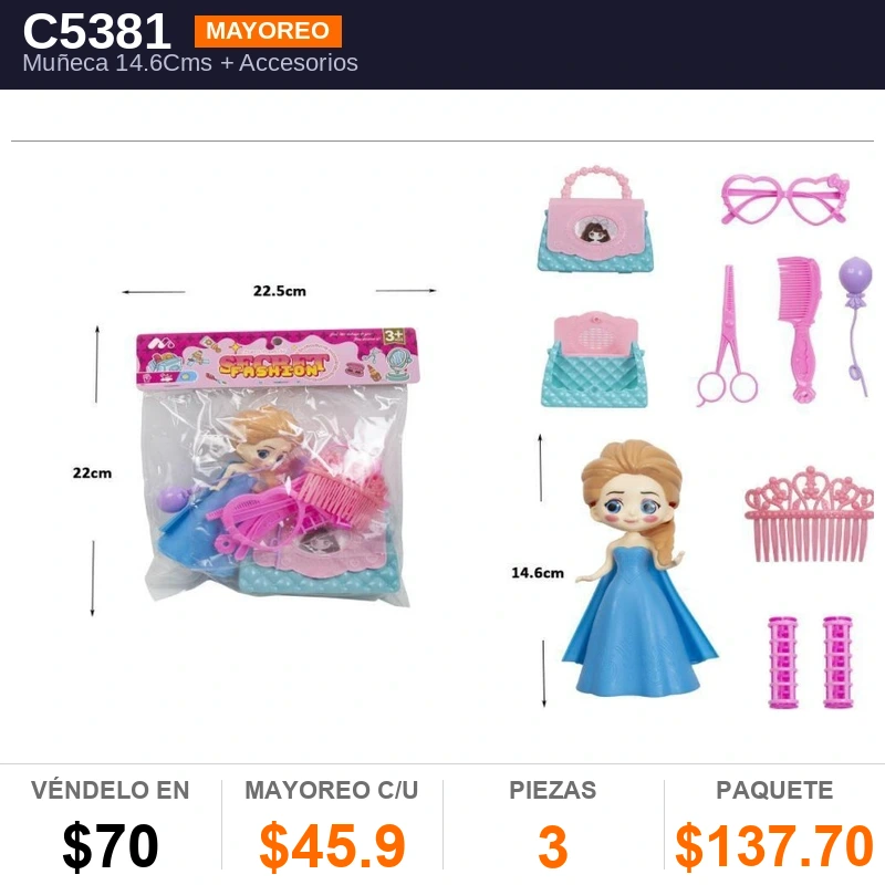 Muñeca 14.6Cms + Accesorios En Bolsa - Pack x3