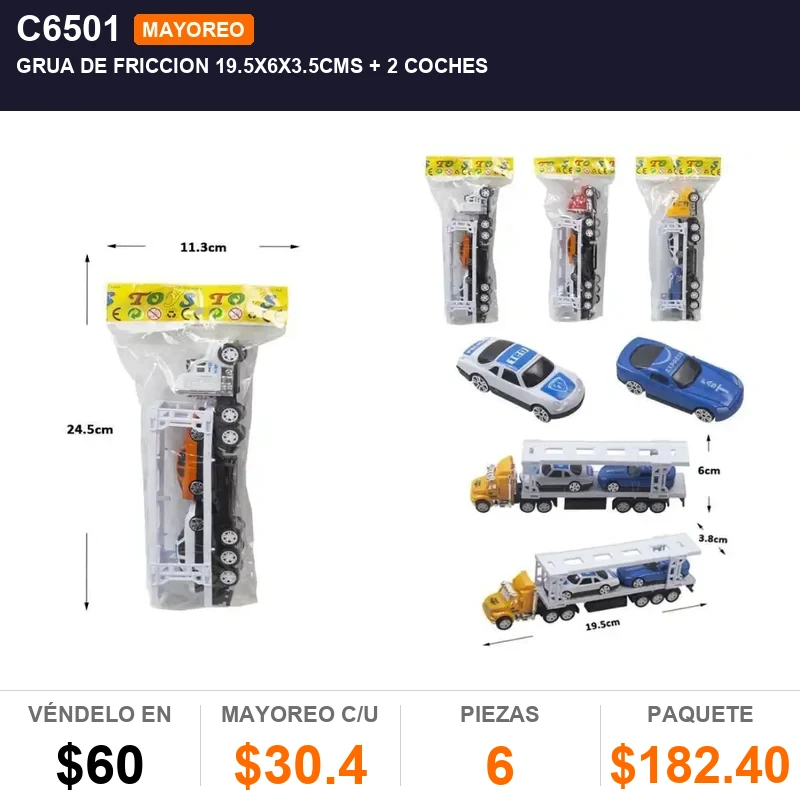 Grua De Friccion 19.5X6X3.5Cms + 2 Coches - Pack x6