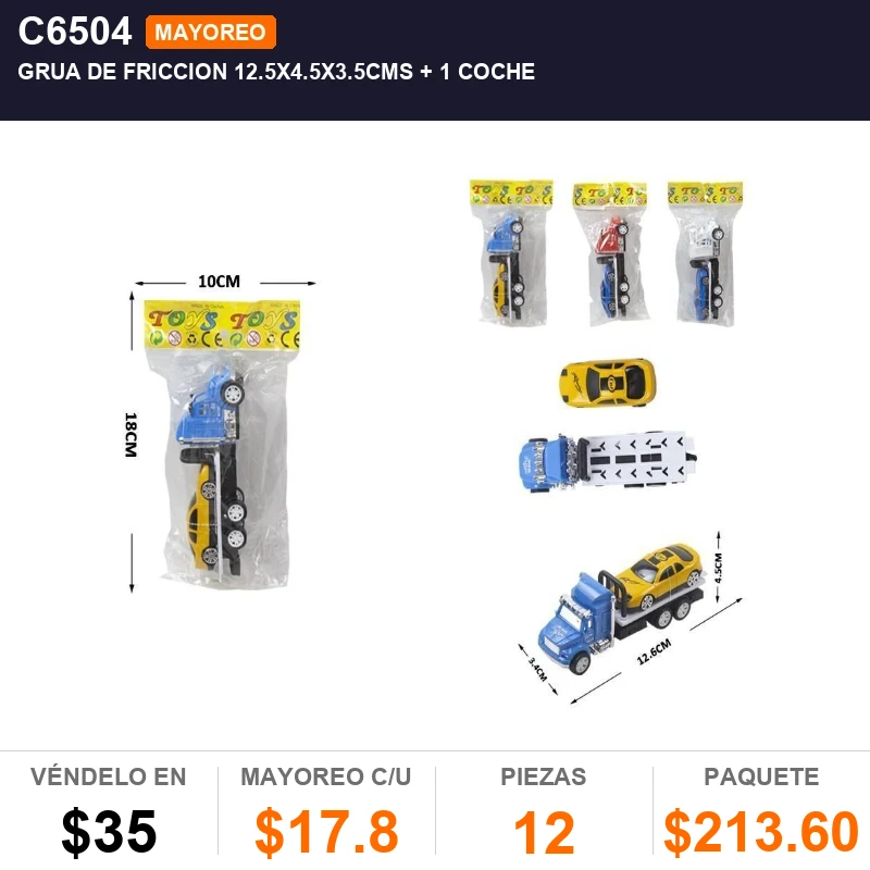 Grua De Friccion 12.5X4.5X3.5Cms + 1 Coche - Pack x12