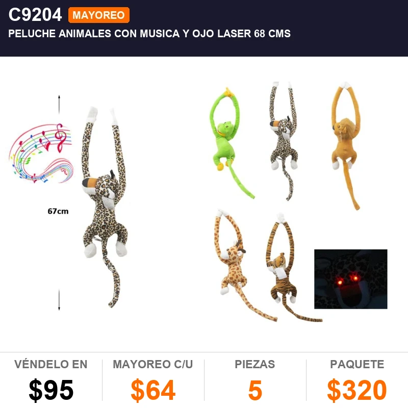 Peluche animales con musica y ojo laser 68 cms - Pack x5