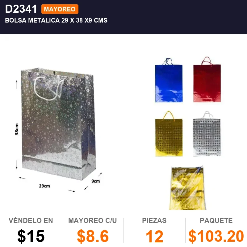 Bolsa metalica 29 x 38 x9 cms - Pack x12
