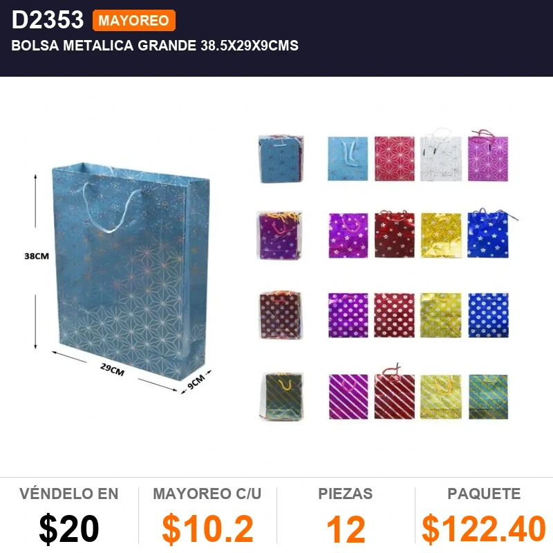 Bolsa metalica grande 38.5x29x9cms - Pack x12