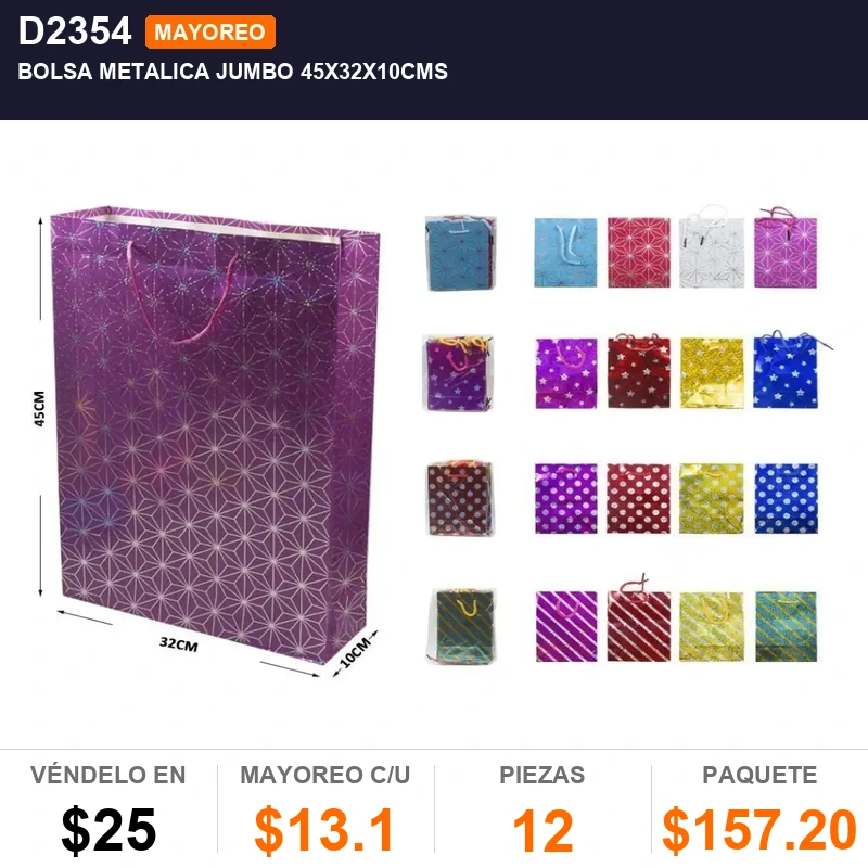 Bolsa metalica jumbo 45x32x10cms - Pack x12