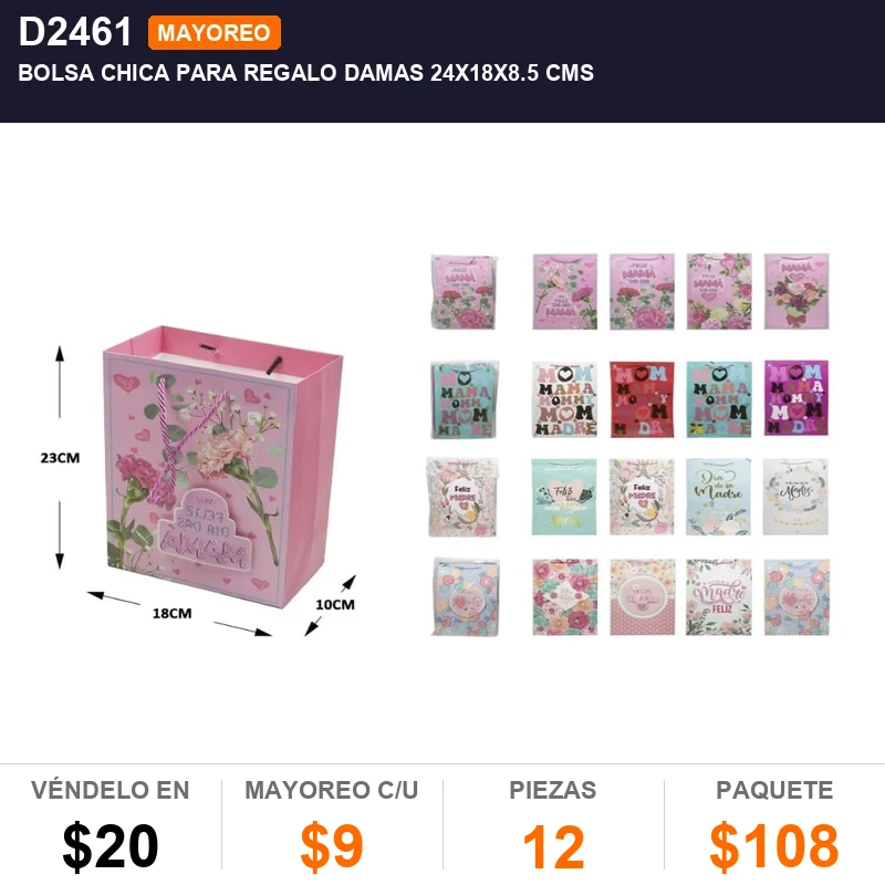 Bolsa chica para regalo damas 24x18x8.5 cms - Pack x12