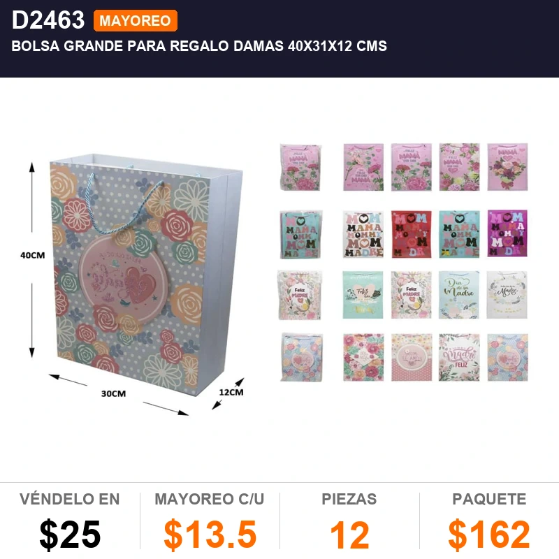 Bolsa grande para regalo damas 40x31x12 cms - Pack x12