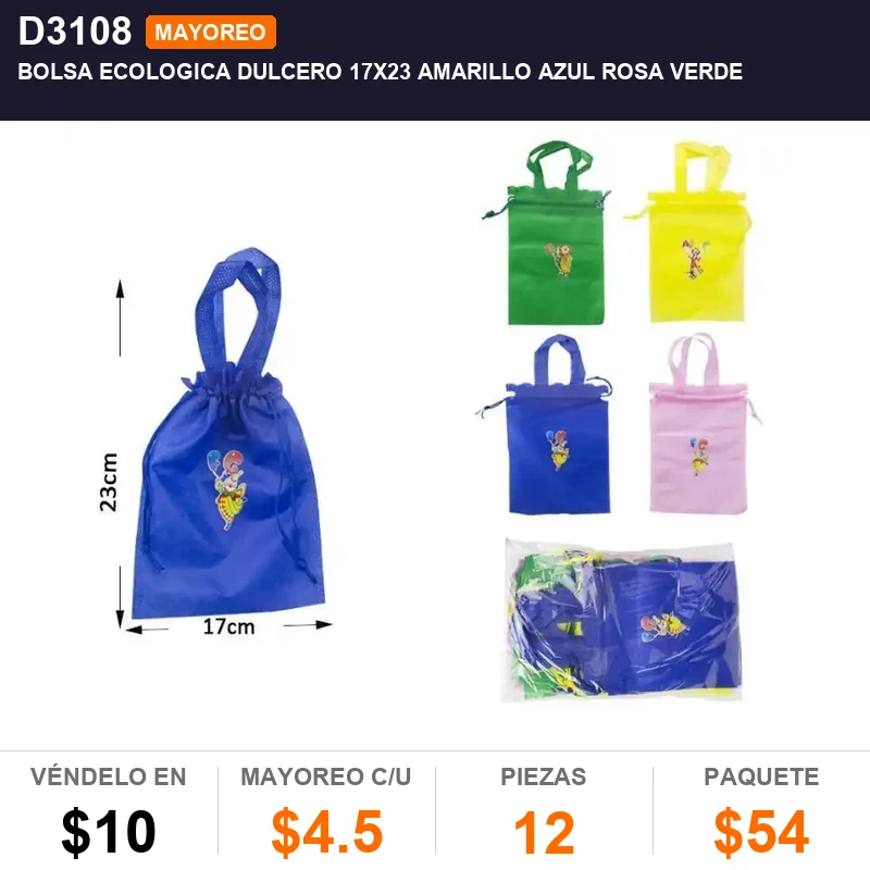 Bolsa ecologica dulcero 17x23 amarillo azul rosa verde - Pack x12