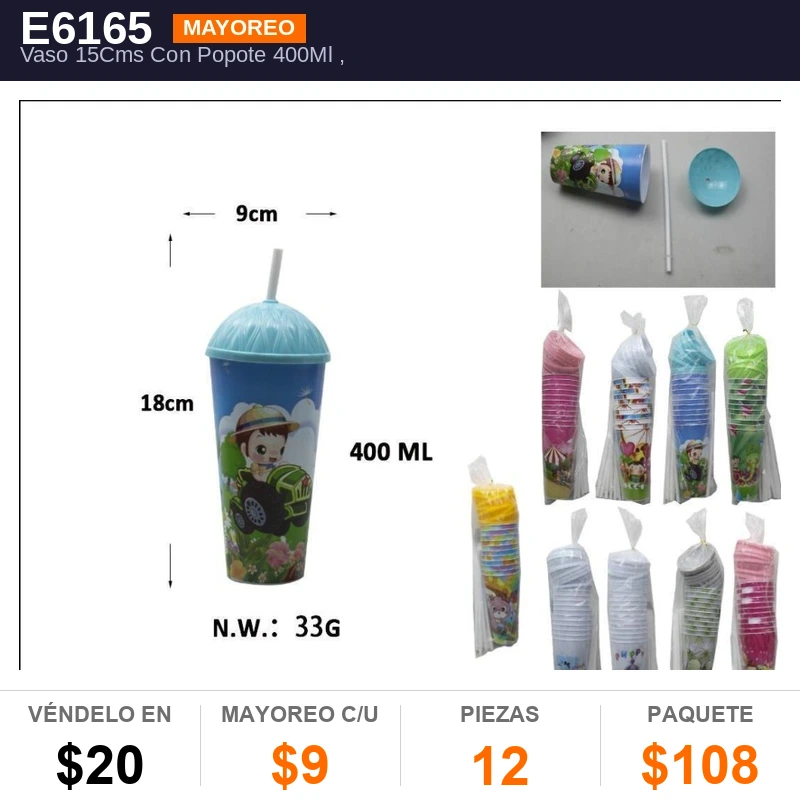Vaso 15Cms Con Popote 400ML - Pack x12