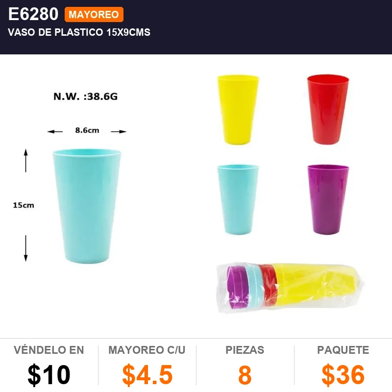 Vaso de plastico 15x9cms - Pack x8