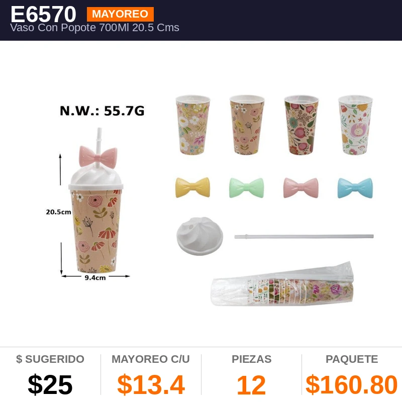 Vaso Con Popote 700Ml 20.5 Cms - Pack x12
