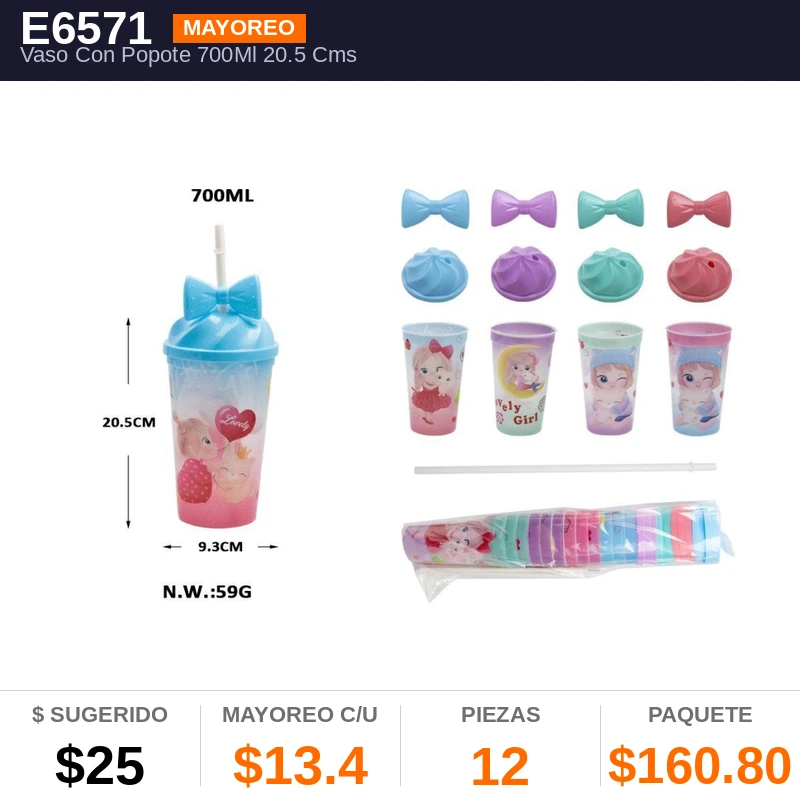 Vaso Con Popote 700Ml 20.5 Cms - Pack x12
