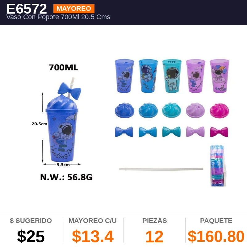 Vaso Con Popote 700Ml 20.5 Cms - Pack x12