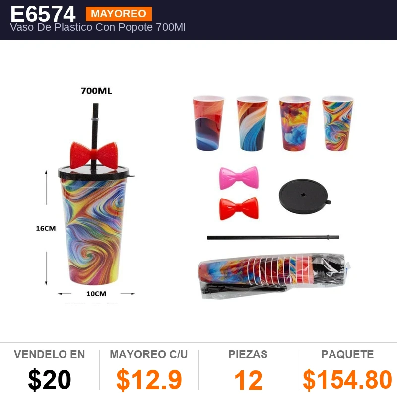 Vaso De Plastico Con Popote 700Ml - Pack x12
