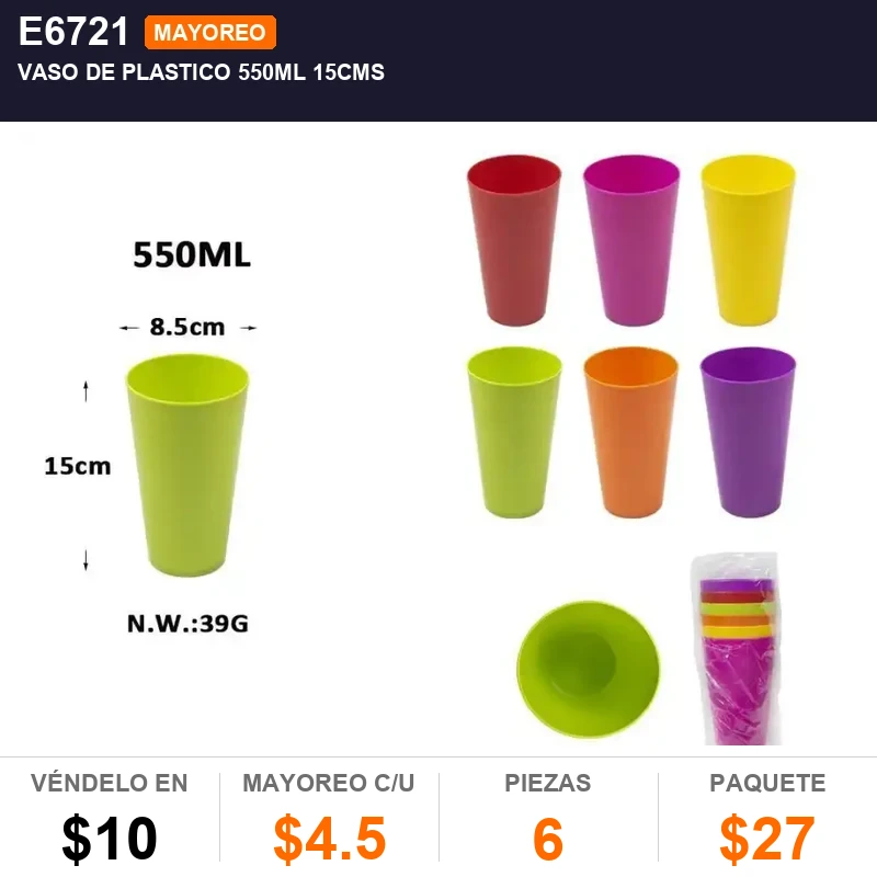 Vaso de plastico 550ml 15cms - Pack x6
