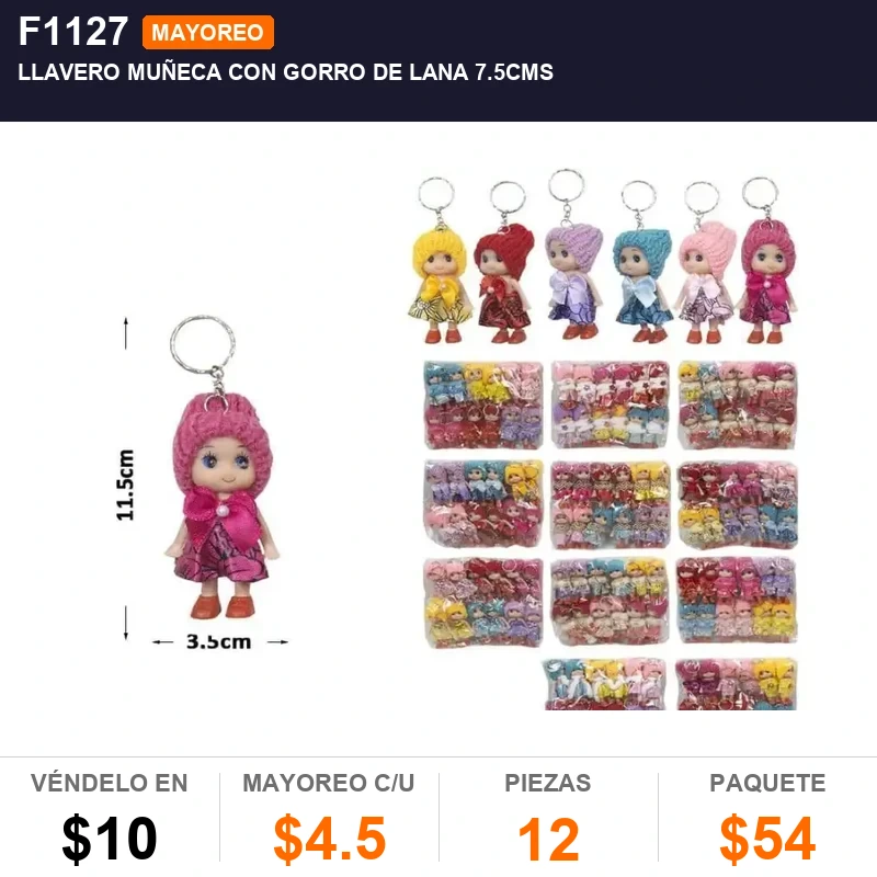 Llavero muñeca con gorro de lana 7.5cms - Pack x12