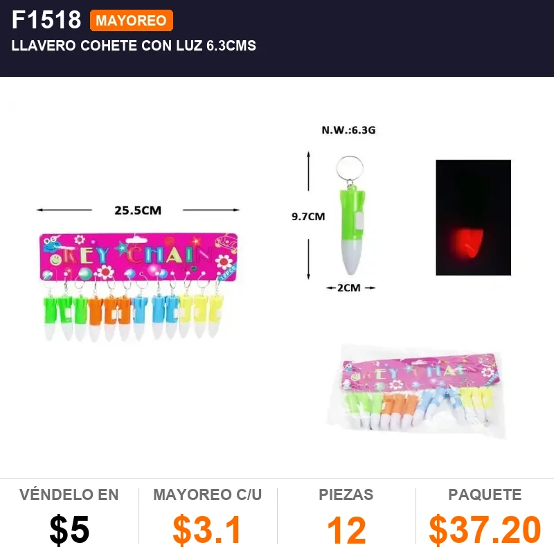 Llavero cohete con luz 6.3cms - Pack x12