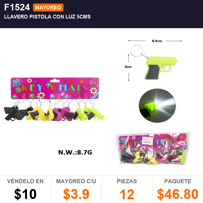 Llavero pistola con luz 5cms - Pack x12