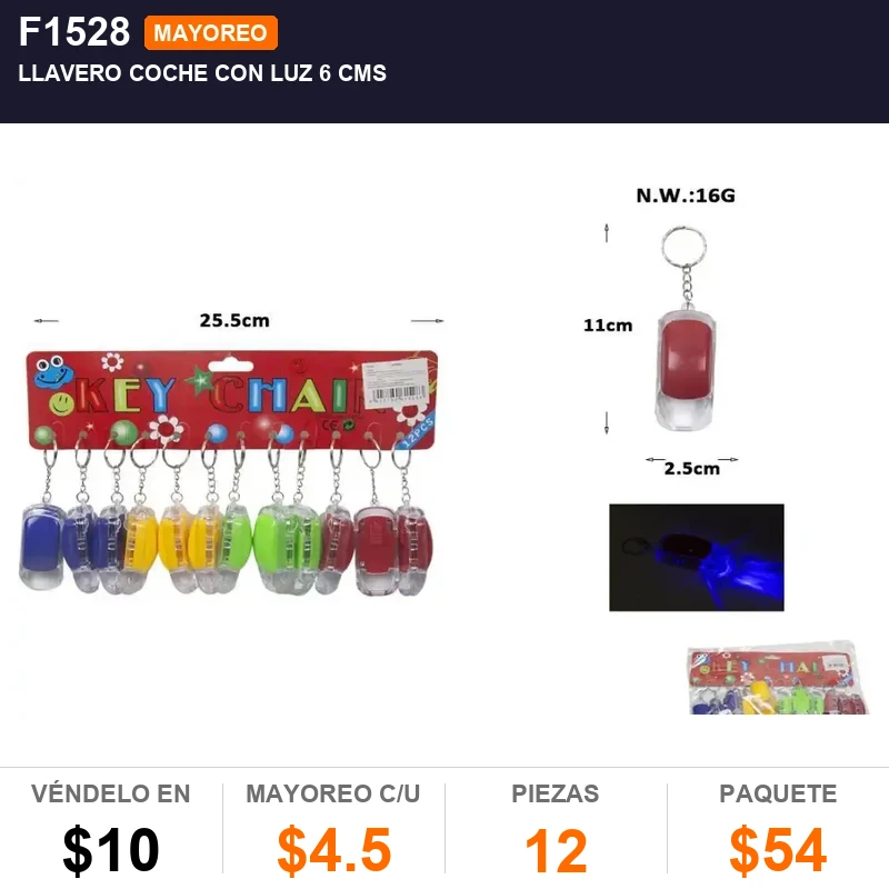 Llavero coche con luz 6 cms - Pack x12