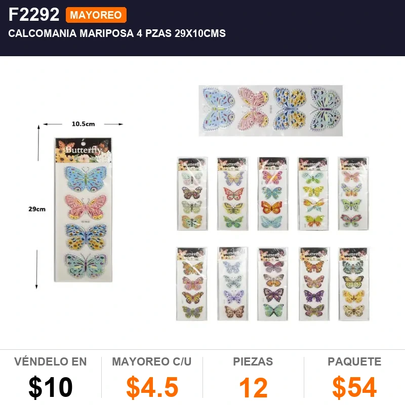 Calcomania mariposa 4 pzas 29x10cms - Pack x12