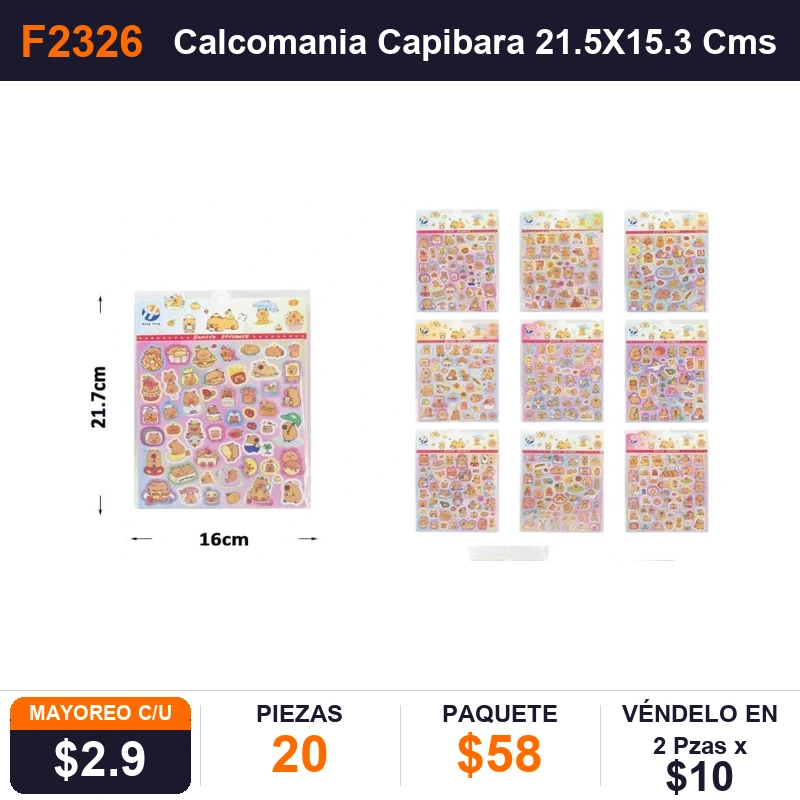 Calcomania Capibara 21.5X15.3 Cms - Pack x20