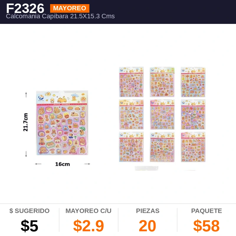 Calcomania Capibara 21.5X15.3 Cms - Pack x20
