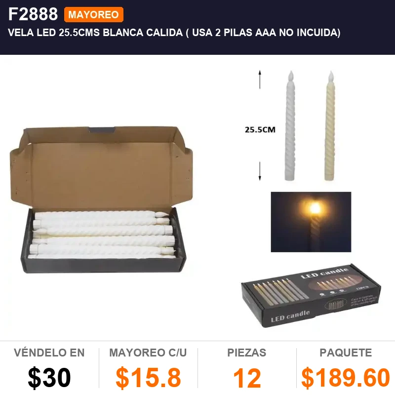 VELA LED 25.5CMS BLANCA CALIDA ( USA 2 pilas AAA NO INCUIDA) - Pack x12