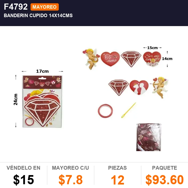 Banderin cupido 14x14cms - Pack x12