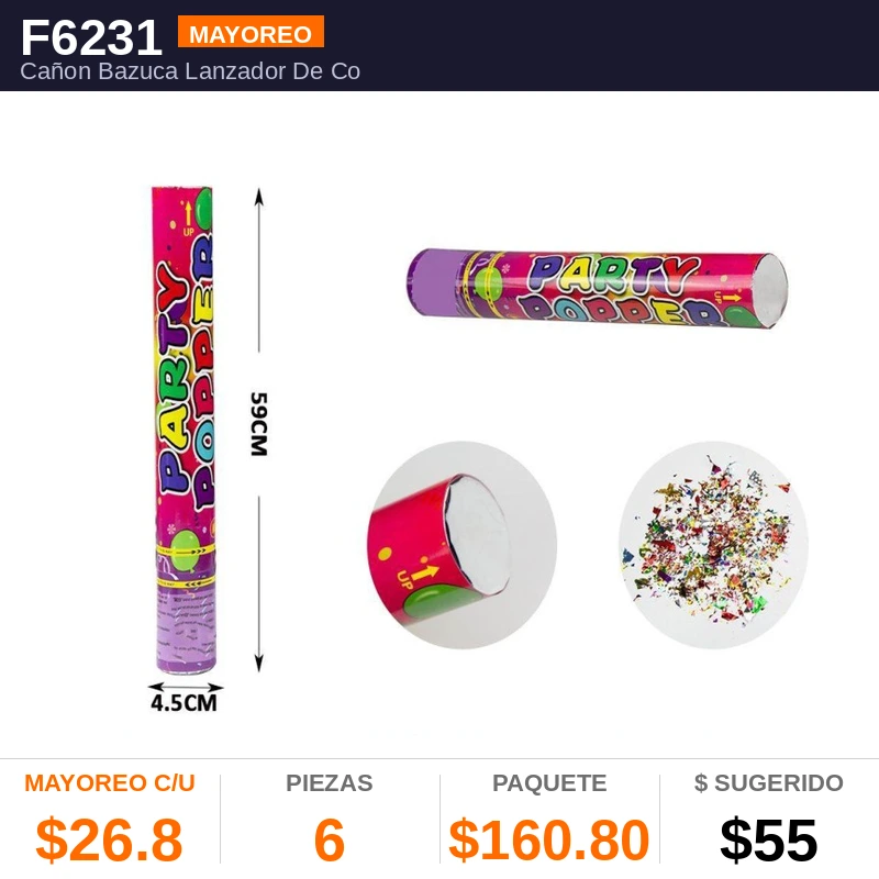 Lanzador De Confeti 60 cms - Pack x6