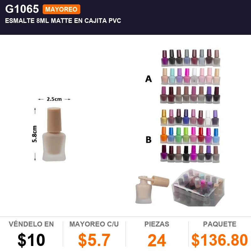 Esmalte 8ml matte en cajita de pvc - Pack x24