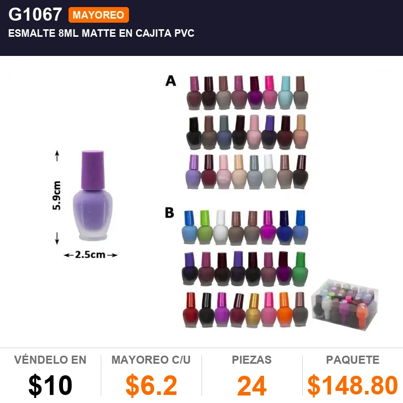 Esmalte 8ml matte en cajita de pvc - Pack x24