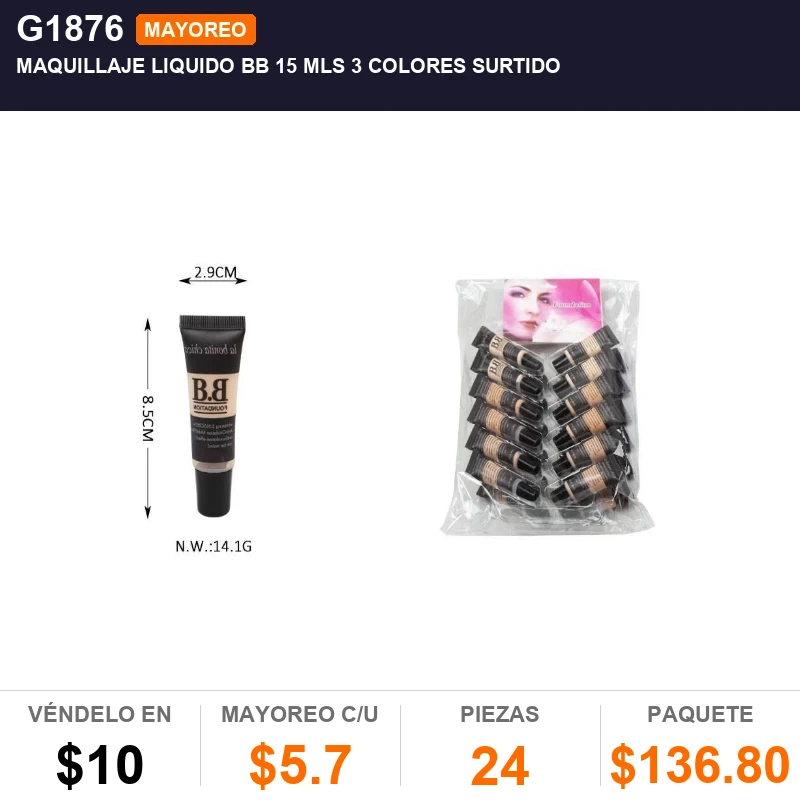 Maquillaje liquido bb 15 mls 3 colores surtido - Pack x24