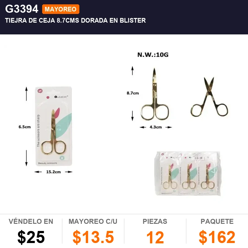 Tiejra de ceja 8.7cms dorada en blister - Pack x12