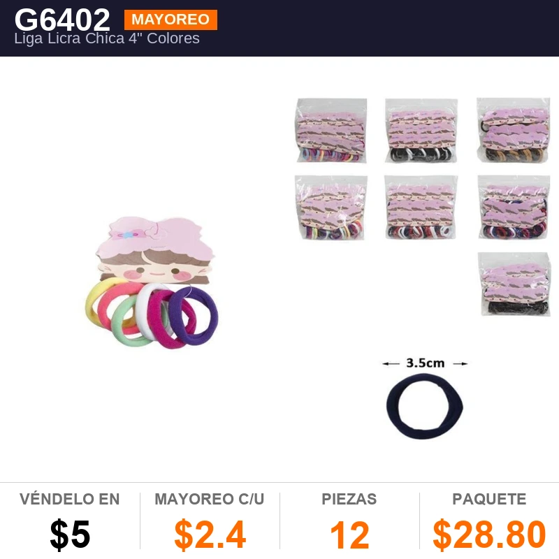 Liga Licra Chica 4" Colores Juego C/6 Pzas - Pack x12