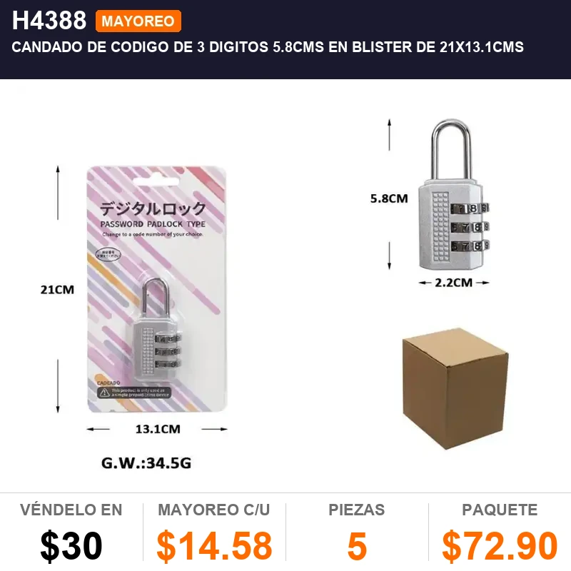 Candado de codigo de 3 digitos 5.8cms en blister de 21x13.1cms - Pack x5