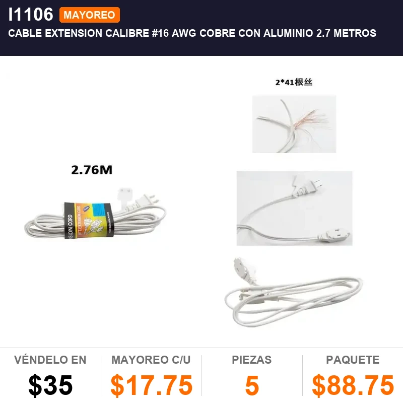 Cable extension calibre #16 awg cobre con aluminio 2.7 metros - Pack x5